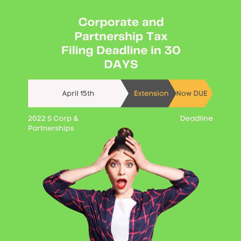 The 2022 S Corp and Partnership Tax Return filing deadline is in 30